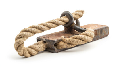 Thick rope looped through a rusty metal padlock on a white background.