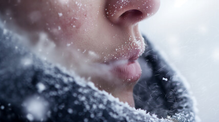 Close-up of a person's face with snowflakes on skin and lips, suggesting cold weather.