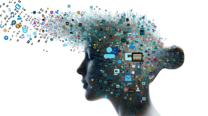 Silhouette of a human head with a digital explosion of icons and symbols representing data and information.