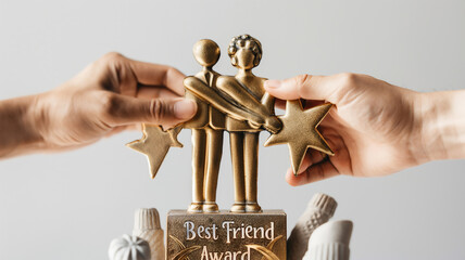 Two hands holding a 'Best Friend Award' trophy with golden stars, symbolizing friendship.
