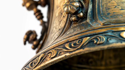 Close-up of an ornate brass bell with intricate patterns and a rich patina.