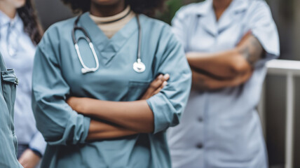 Healthcare professionals in scrubs with a stethoscope, arms crossed, symbolizing teamwork and readiness.