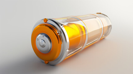 Futuristic orange battery with a transparent casing on a light background, showcasing modern design.