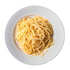 A plate of pasta placed on a white surface set against a transparent background