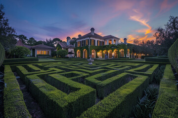 Extensive estate featuring a complex hedge maze in the front lawn, under a tranquil dusk sky. - Powered by Adobe