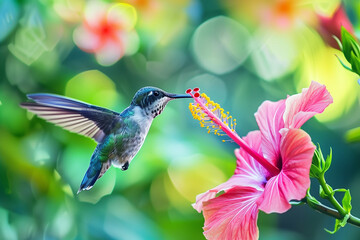 a hummingbird sipping nectar from a flower, wings a blur of motion, Generative AI