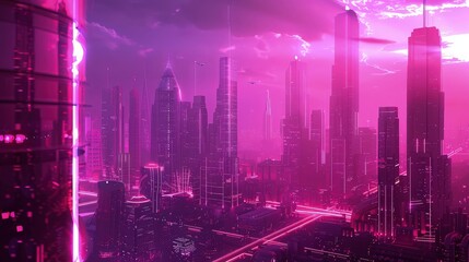 Fototapeta premium An aerial view of a sprawling city skyline extending to the horizon, with clusters of skyscrapers rising against a clear dust purple sky