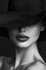 A graceful figure captured in black and white, the contrast highlighting the texture of her black hat and the smoothness of her skin. Her lips are a focal point, their contours perfectly defined