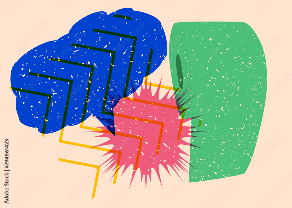 Poster risograph toilet paper with speech bubble with geometric shapes. objects in trendy riso graph print 