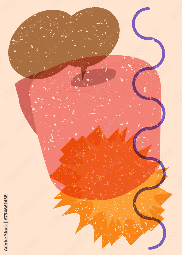 Poster risograph toilet paper with speech bubble with geometric shapes. objects in trendy riso graph print 