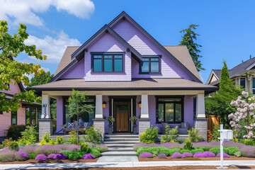 The front view of a newly constructed craftsman cottage style house in pastel violet, featuring a triple pitched roof,  - obrazy, fototapety, plakaty