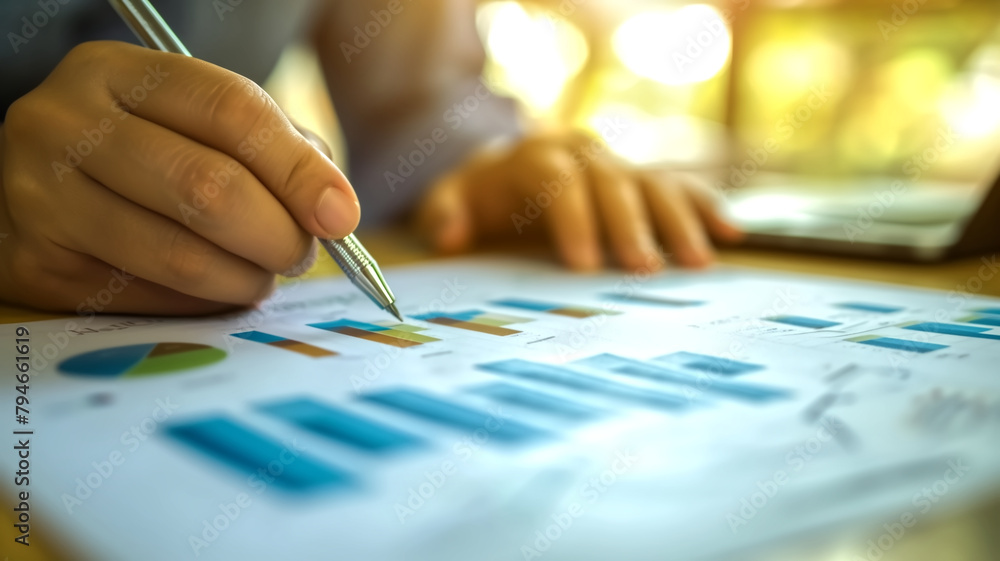 Poster close-up of a business professional's hand holding a pen over paper charts and graphs during a data 