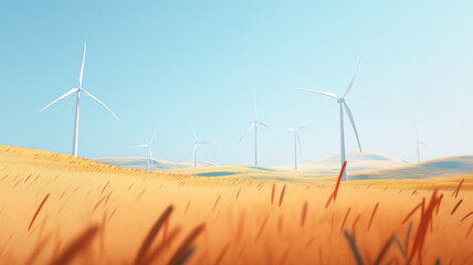 Wind turbines in a golden field under a clear blue sky, renewable energy.