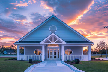 Ultra HD image of a modern clubhouse with a white porch and semi-circle window in the gable roof at sunset.