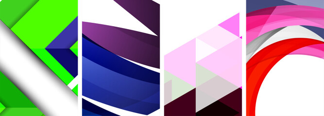 An artistic composition featuring a collage of different colored geometric shapes including purple rectangles, violet triangles, and pink patterns on a white background