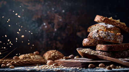 A dark, atmospheric view of a wooden spoon next to a stack of freshly baked whole grain breads,...
