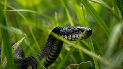 Obraz premium Agile black mamba slithering through tall grass in Africa