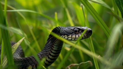 Agile black mamba slithering through tall grass in Africa