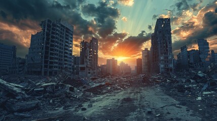 Apocalyptic cityscape with remnants of humanity's downfall