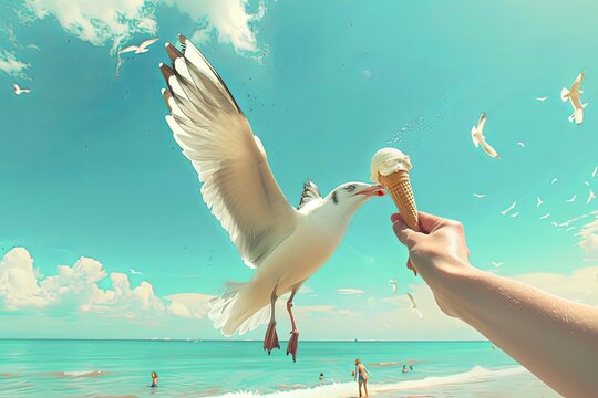 A person on the beach is feeding a seagull an ice cream cone as the bird swoops in to snatch a bite. Generative AI