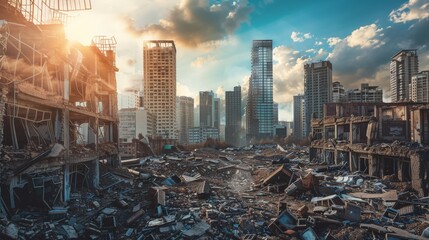 Apocalyptic cityscape with remnants of humanity's downfall