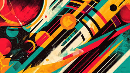 A dynamic abstract composition mixing retro and futuristic elements with a bold geometric design and a rich color palette.
