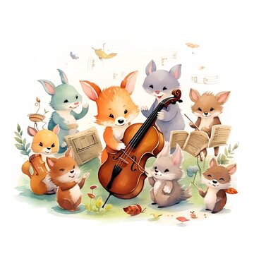 Cute cartoon foxes with musical instruments. Hand drawn watercolor illustration