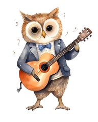 Owl with guitar. Watercolor illustration isolated on white background.