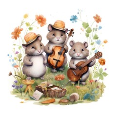 Cute children playing musical instruments. Watercolor hand drawn illustration.
