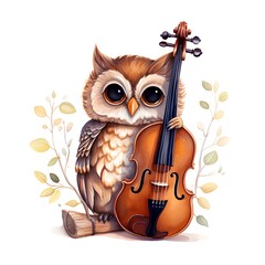 Owl with violin. Watercolor illustration isolated on white background.