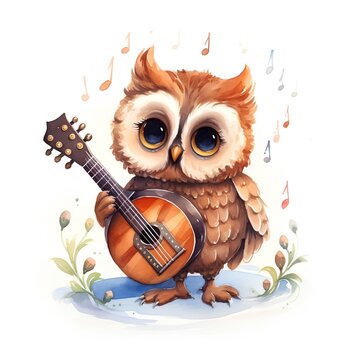 Owl with ukulele. Watercolor illustration isolated on white background