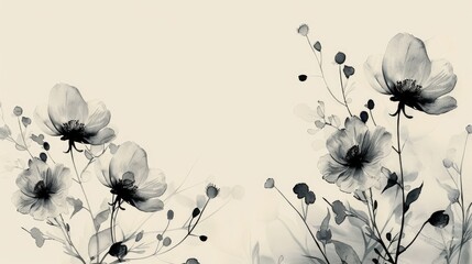 Monochrome watercolor drawing of flowers on a light background.