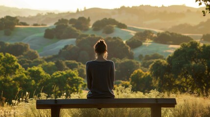 A woman sits on a bench looking out at the rolling hills and distant trees back turned to the camera as practices meditation . . - obrazy, fototapety, plakaty