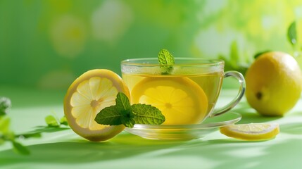 Zesty Elixir Indulge in the Refreshing Delight of Lemon Green Tea on a Light Green Background
