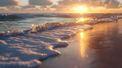  The sun dipping below the horizon, casting a warm glow over the gentle waves lapping at the sandy shore. 
 - obrazy, fototapety, plakaty
