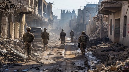 Armed forces maneuvering forward amidst ruins of a war zone