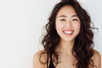 Naklejka premium Beautiful studio portrait of young, stylish asian woman, long hair, smiling and looking at camera with confidence on white background