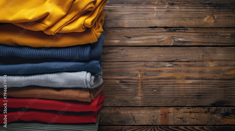 Wall mural Folded clothes arranged on a wooden surface