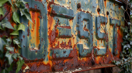 A weathered sign for a longclosed steel mill its letters ly visible through layers of rust and encroaching vines. . - obrazy, fototapety, plakaty