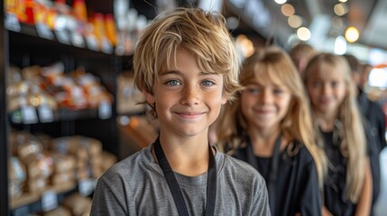 Fototapeta premium happy European Caucasian youngsters, aged 5-15 years old, wearing business attire, converse and laugh at an exhibition or trade show. Standing proudly by their booth showcasing products.