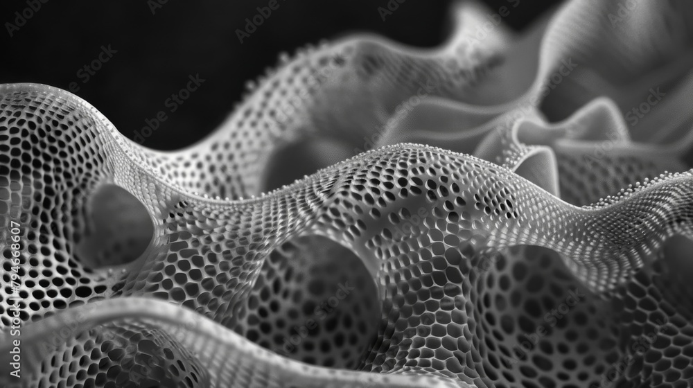 Poster a black and white image of pollen grains revealing fine lines and dots that create a mesmerizing pat