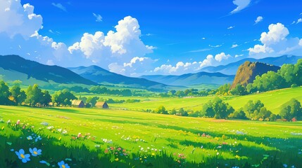 Fototapeta premium Capture the serene beauty of a springtime rural landscape featuring lush green fields under a clear blue sky with fluffy clouds and a majestic mountain in the background This charming scener