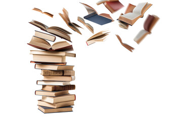 A pile of books flying in the air isolated on a transparent background
