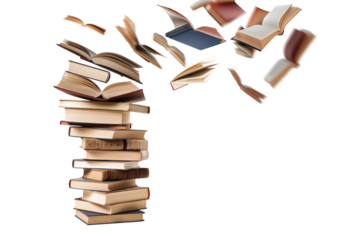 A pile of books flying in the air isolated on a transparent background