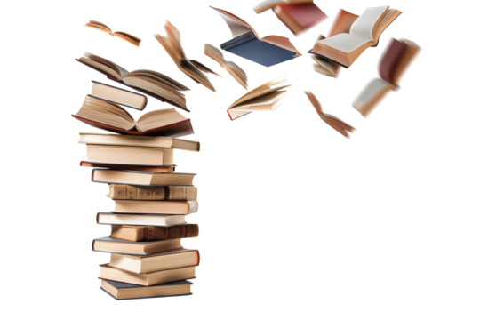 A pile of books flying in the air isolated on a transparent background