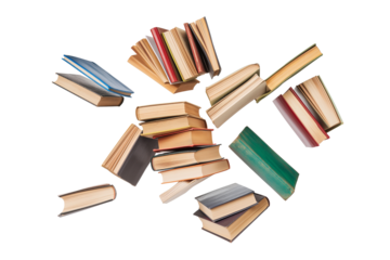 A pile of books flying in the air isolated on a transparent background