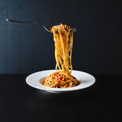 spaghetti with sauce and a fork