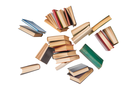 A pile of books flying in the air isolated on a transparent background
