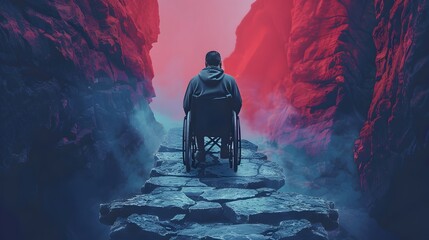 Person in wheelchair overcoming obstacles and difficulty. Handicap disability concept   - obrazy, fototapety, plakaty