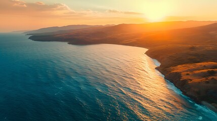 Photo aerial beautiful shot of a seashore with hills on the background at sunset hd 8k  